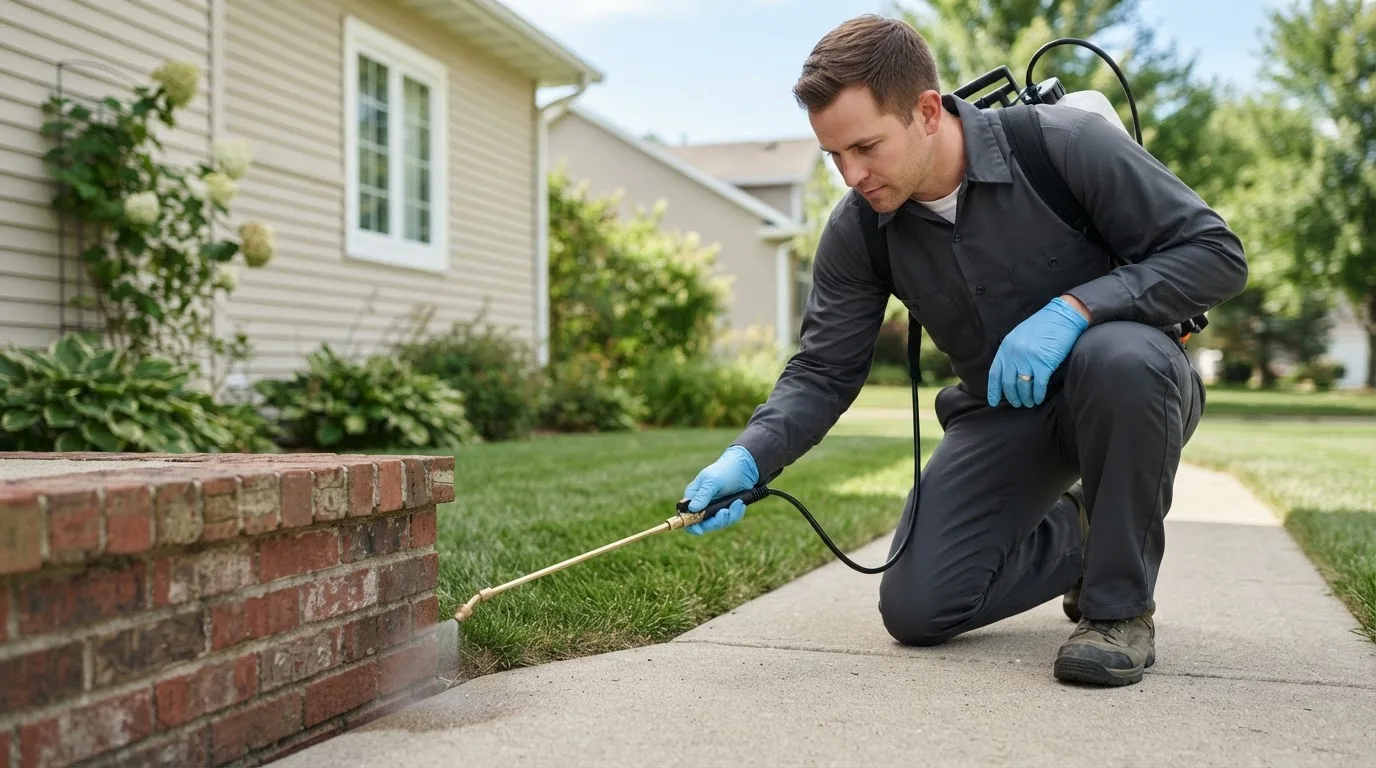 Pest control technician treating a home near Sheboygan, WI